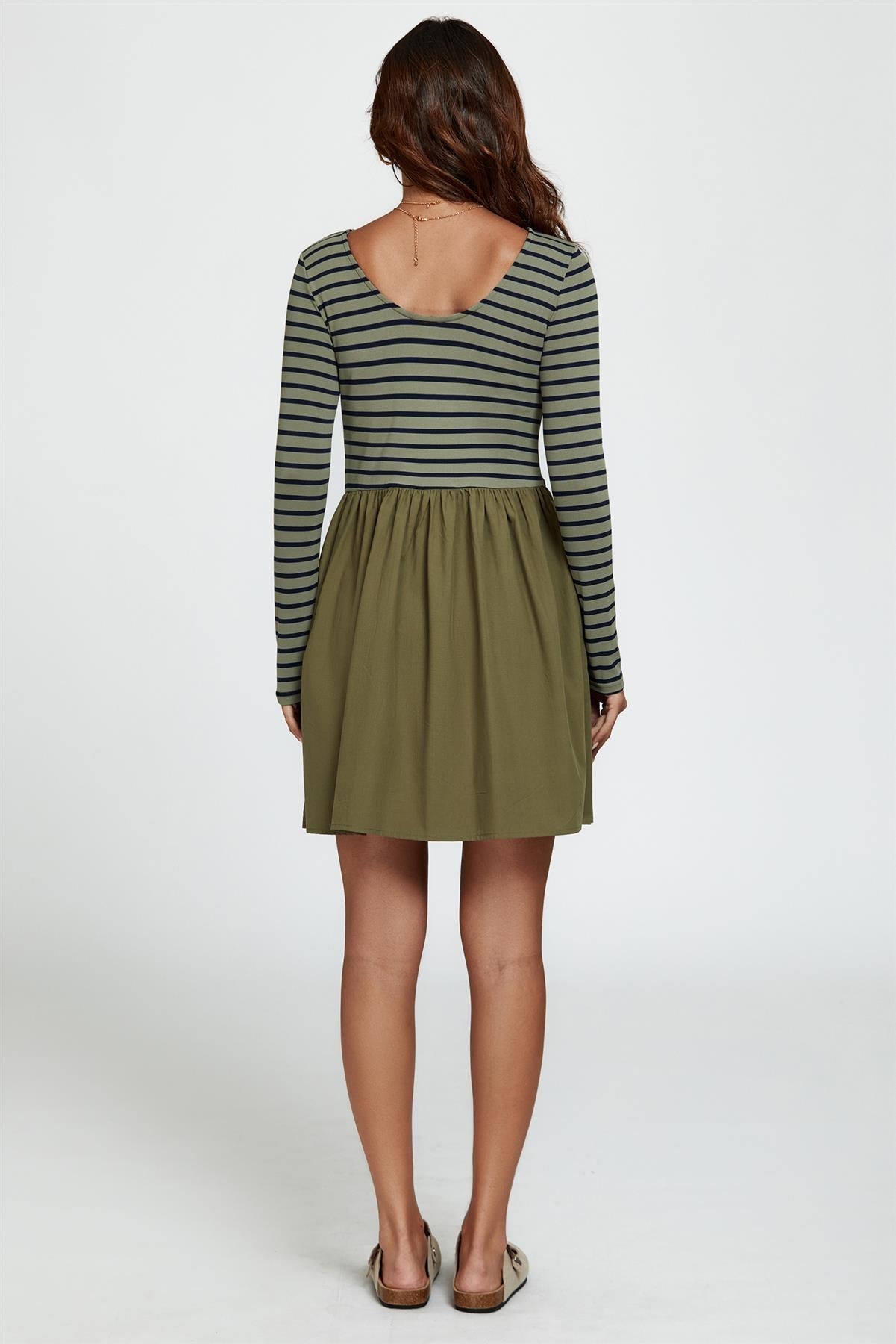 Long Sleeve Stripe Mini Dress In Olive - AXON