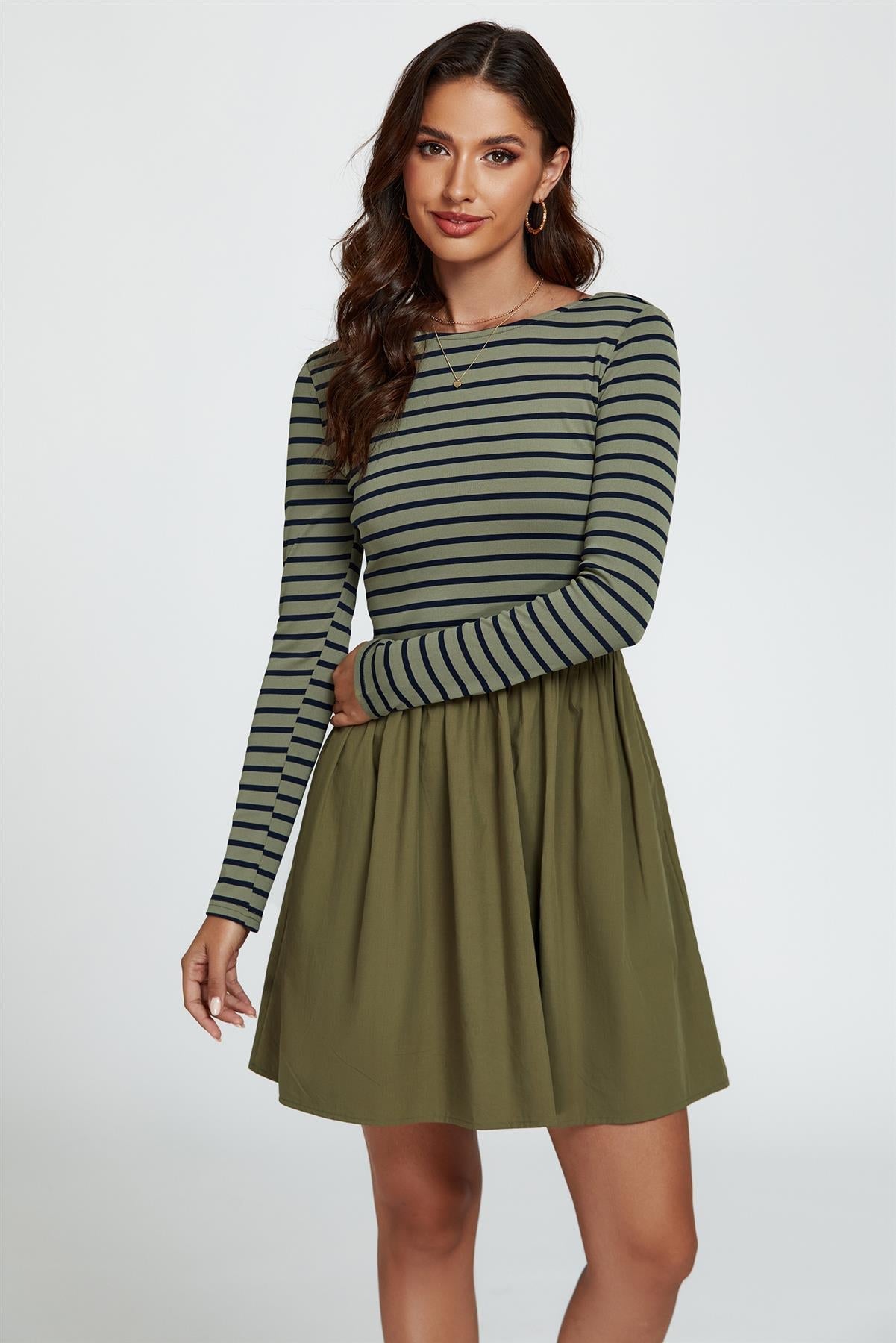Long Sleeve Stripe Mini Dress In Olive - AXON
