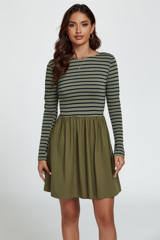 Long Sleeve Stripe Mini Dress In Olive - AXON