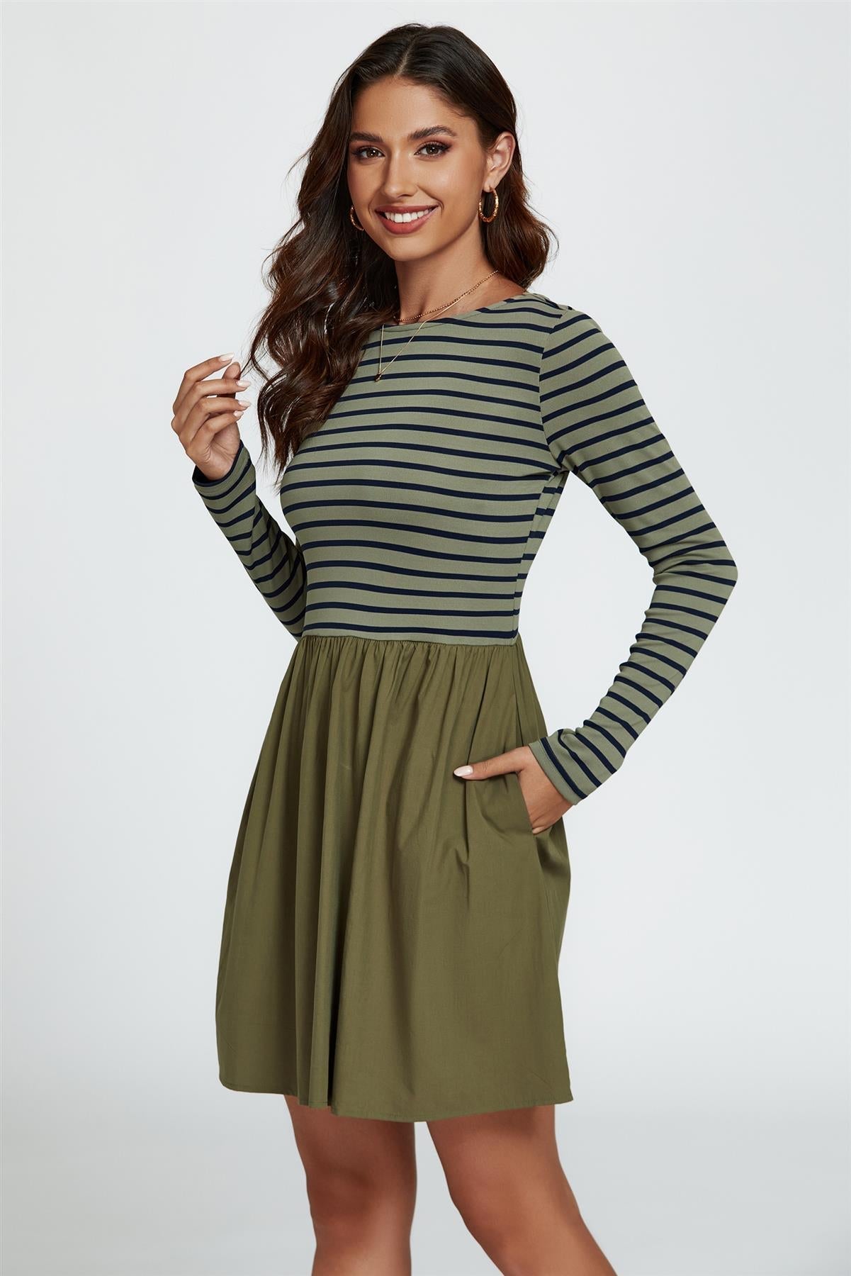 Long Sleeve Stripe Mini Dress In Olive - AXON