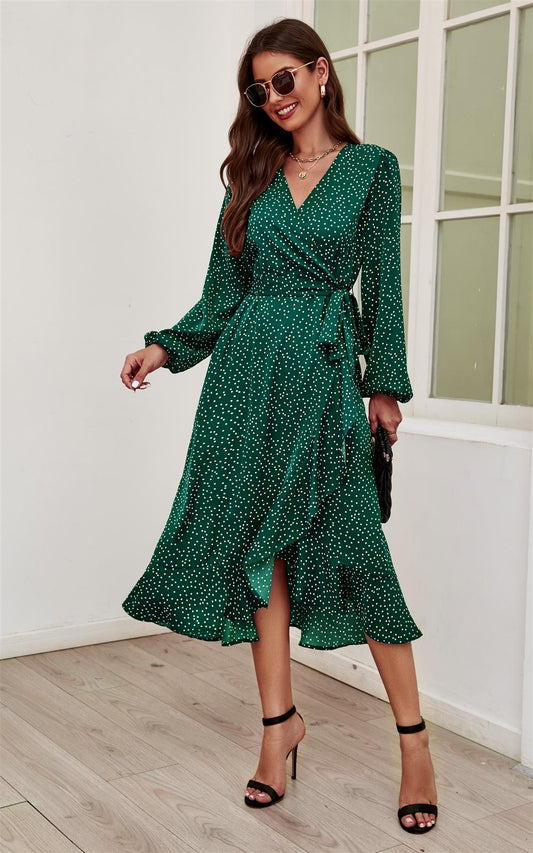 Long Sleeve Wrap Midi Dress In Green - AXON