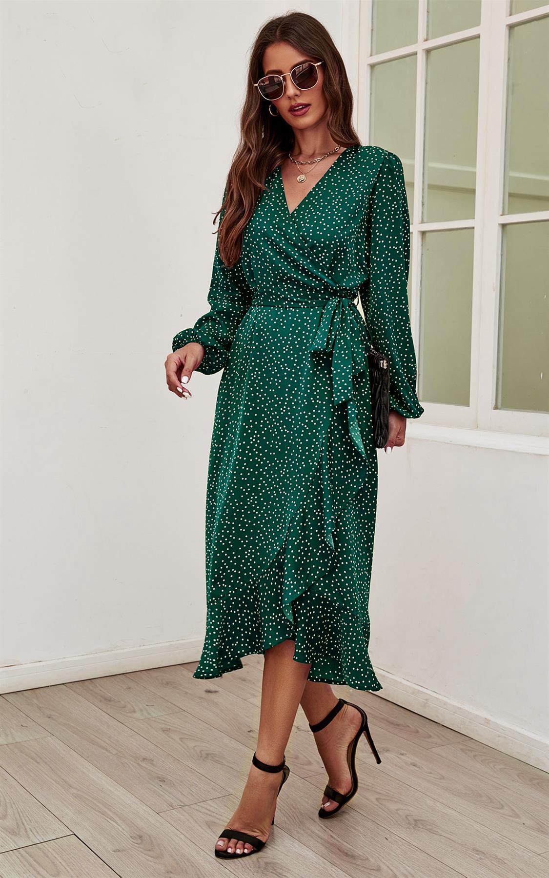 Long Sleeve Wrap Midi Dress In Green - AXON
