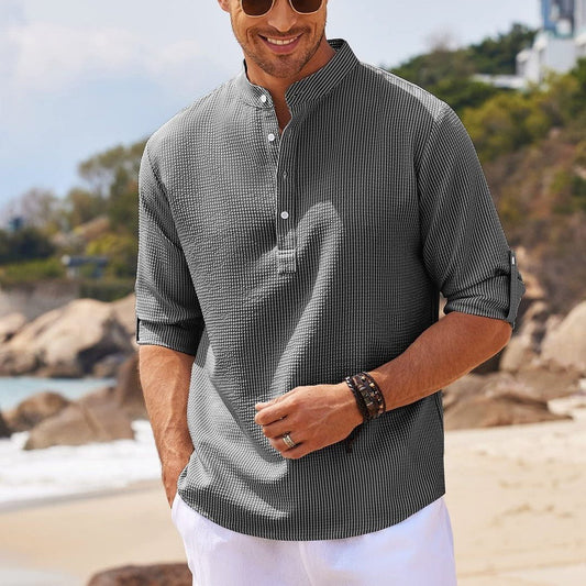 Men's Casual Shirt Long Sleeve Stand Collar Solid Color Shirt Men´s Clothing - AXON