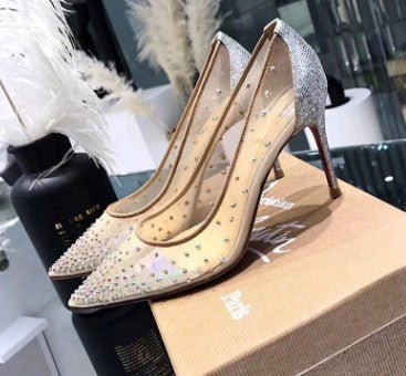 Mesh Rhinestone Transparent Women's Single Shoes Pointed High Heels Women - AXON