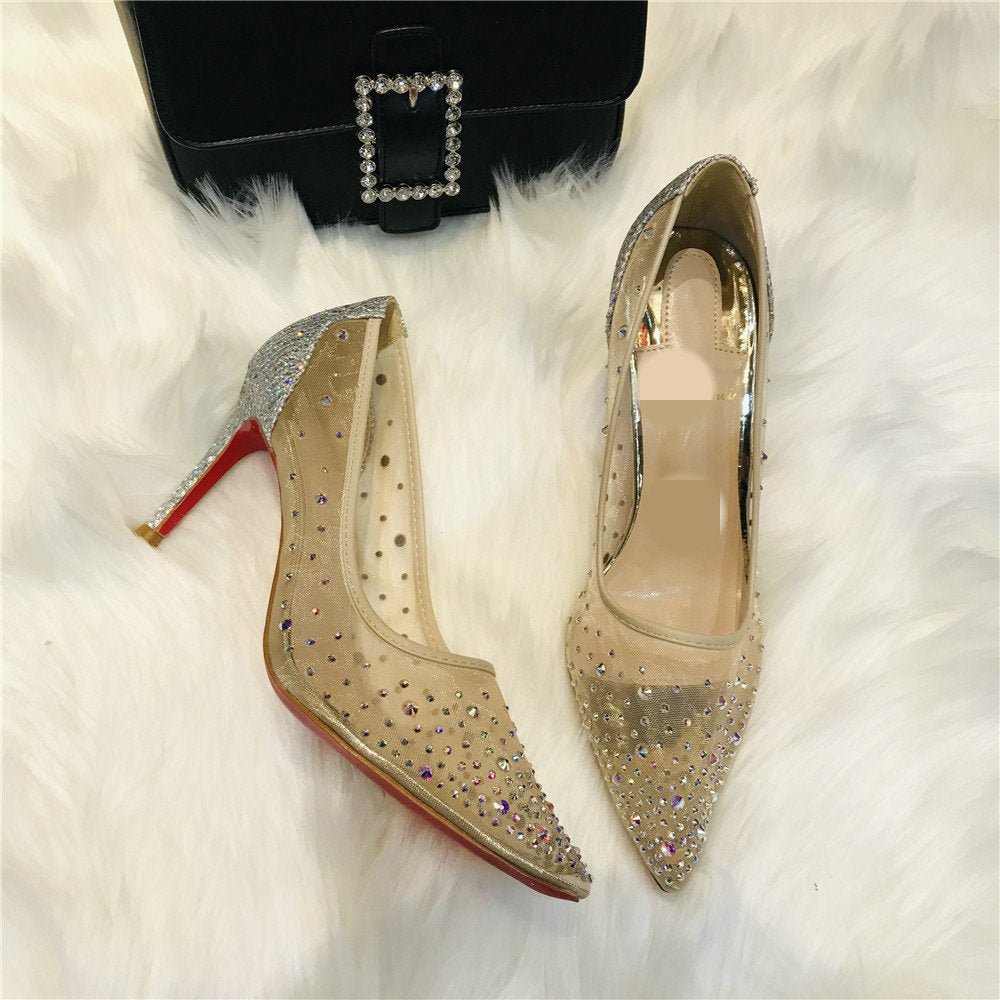 Mesh Rhinestone Transparent Women's Single Shoes Pointed High Heels Women - AXON