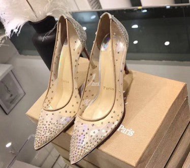 Mesh Rhinestone Transparent Women's Single Shoes Pointed High Heels Women - AXON
