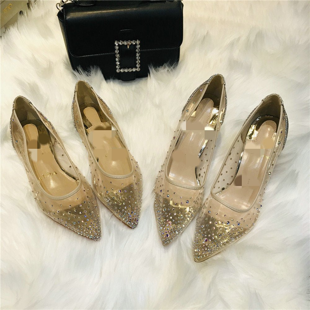 Mesh Rhinestone Transparent Women's Single Shoes Pointed High Heels Women - AXON