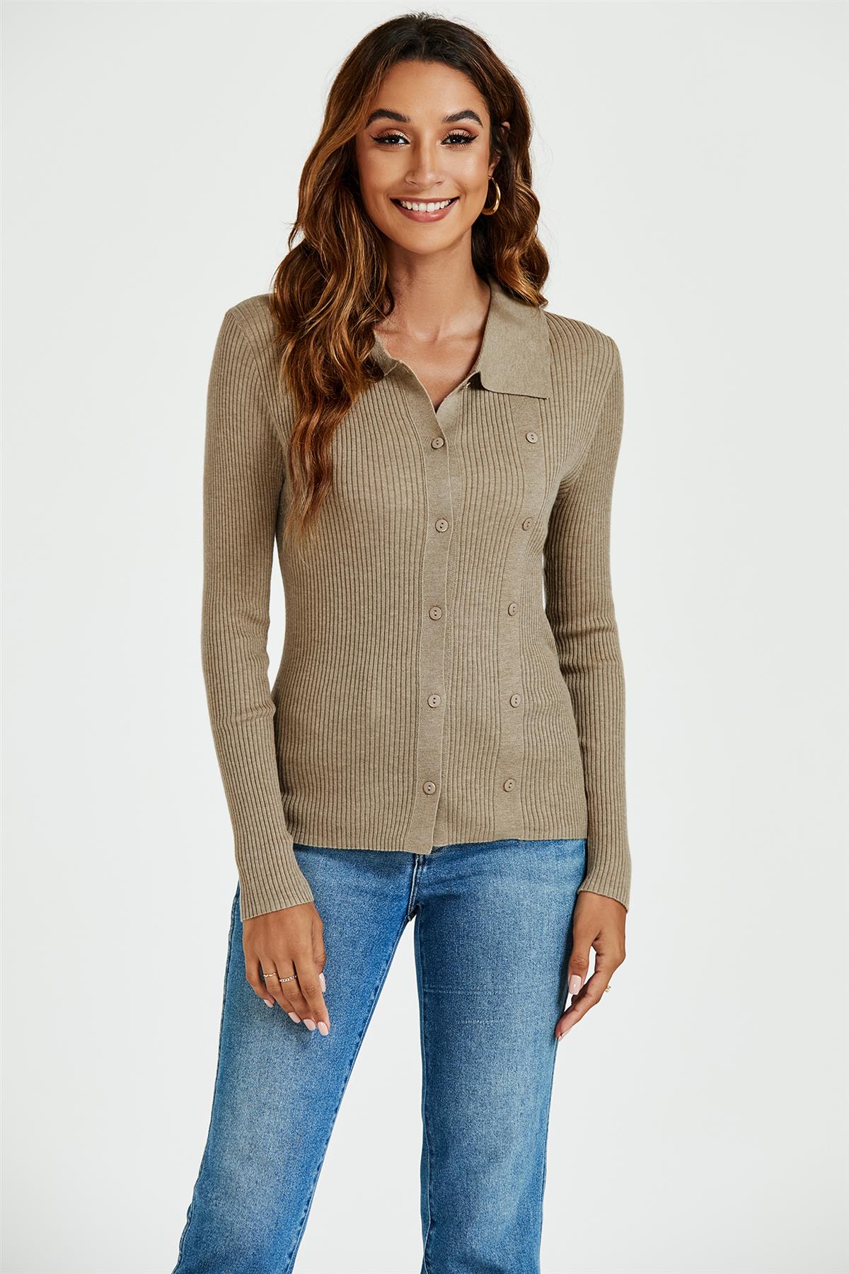 Morgan Collar Double Breasted Knit Top In Beige - AXON