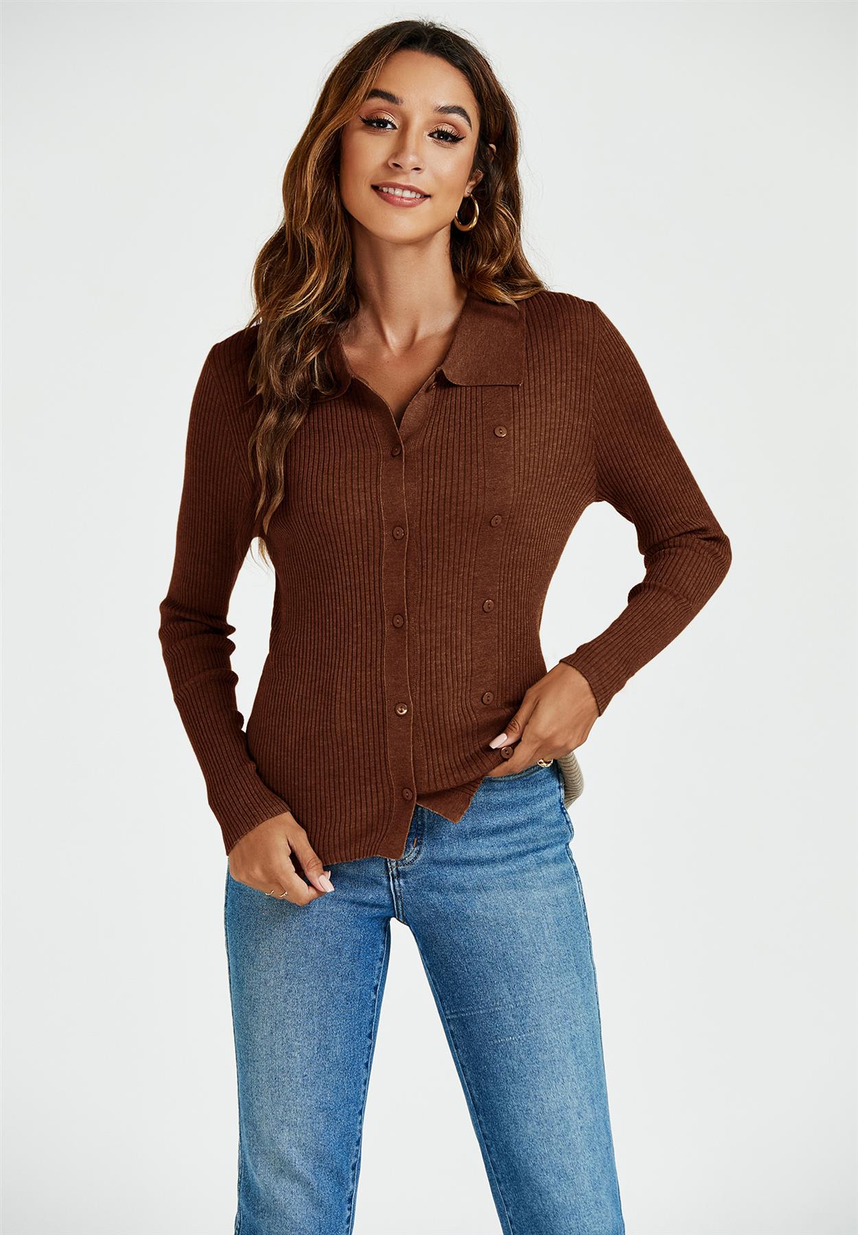 Morgan collar Double Breasted Knit Top In Brown - AXON