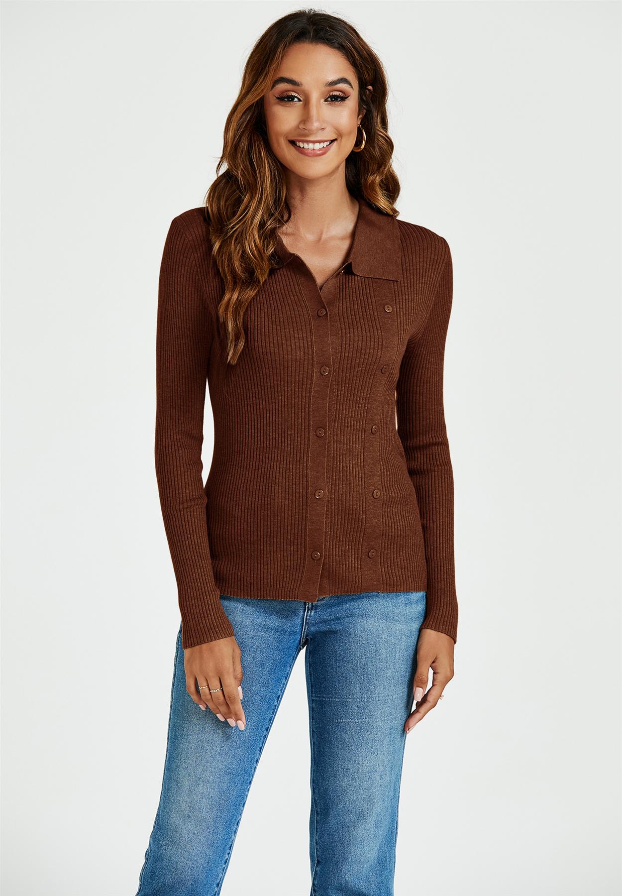 Morgan collar Double Breasted Knit Top In Brown - AXON