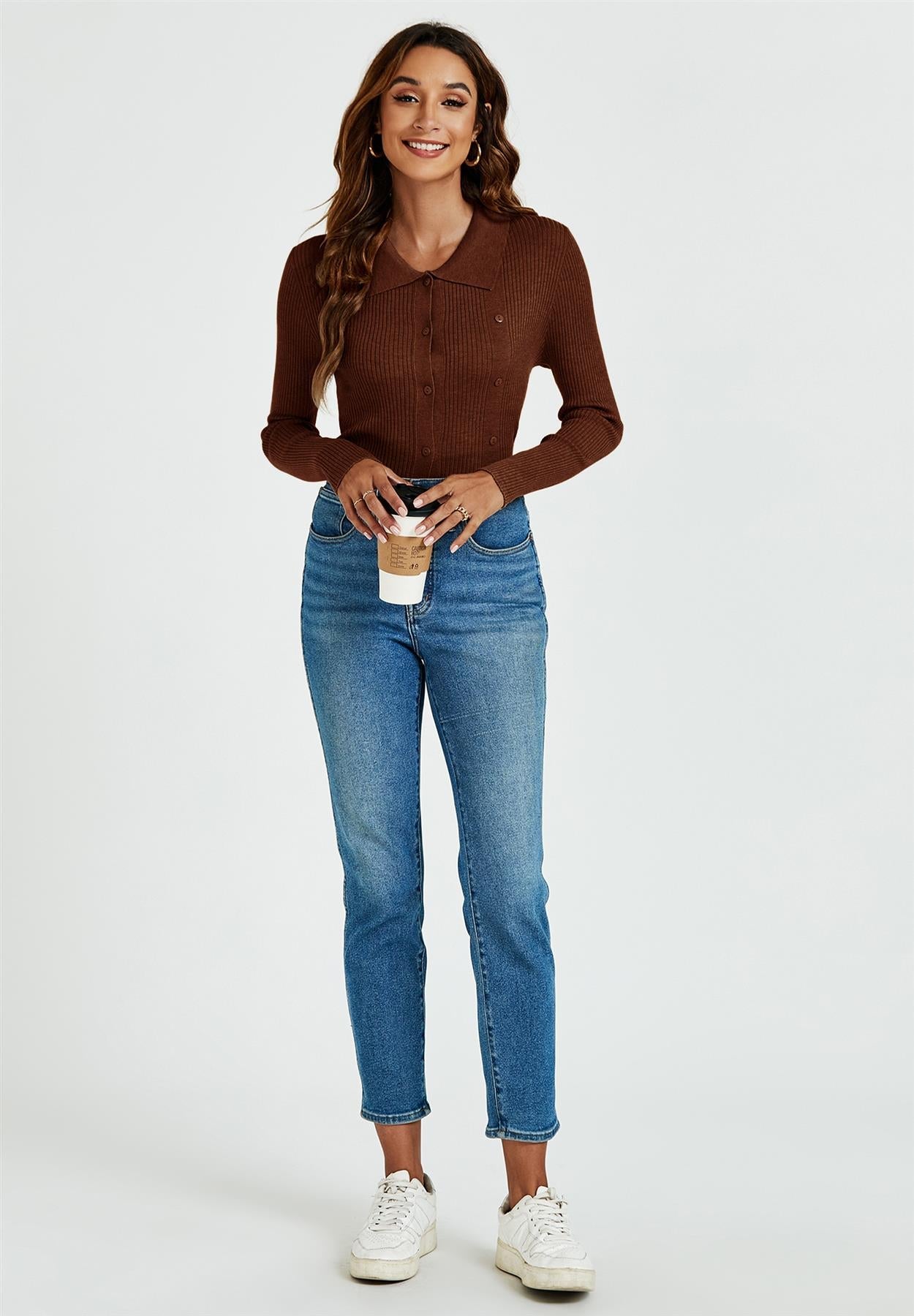 Morgan collar Double Breasted Knit Top In Brown - AXON