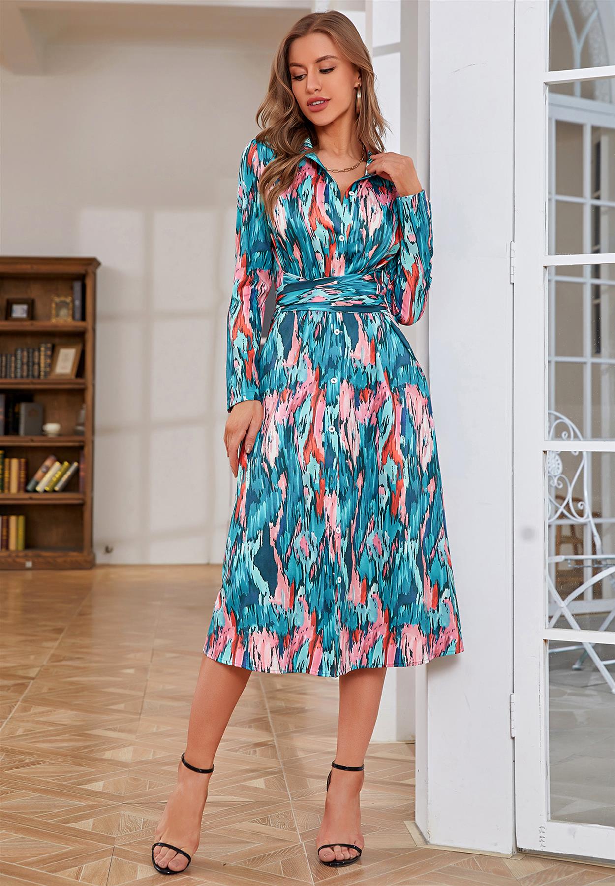 Multi Color Print Shirt Midi Wrap Dress In Green & Pink - AXON