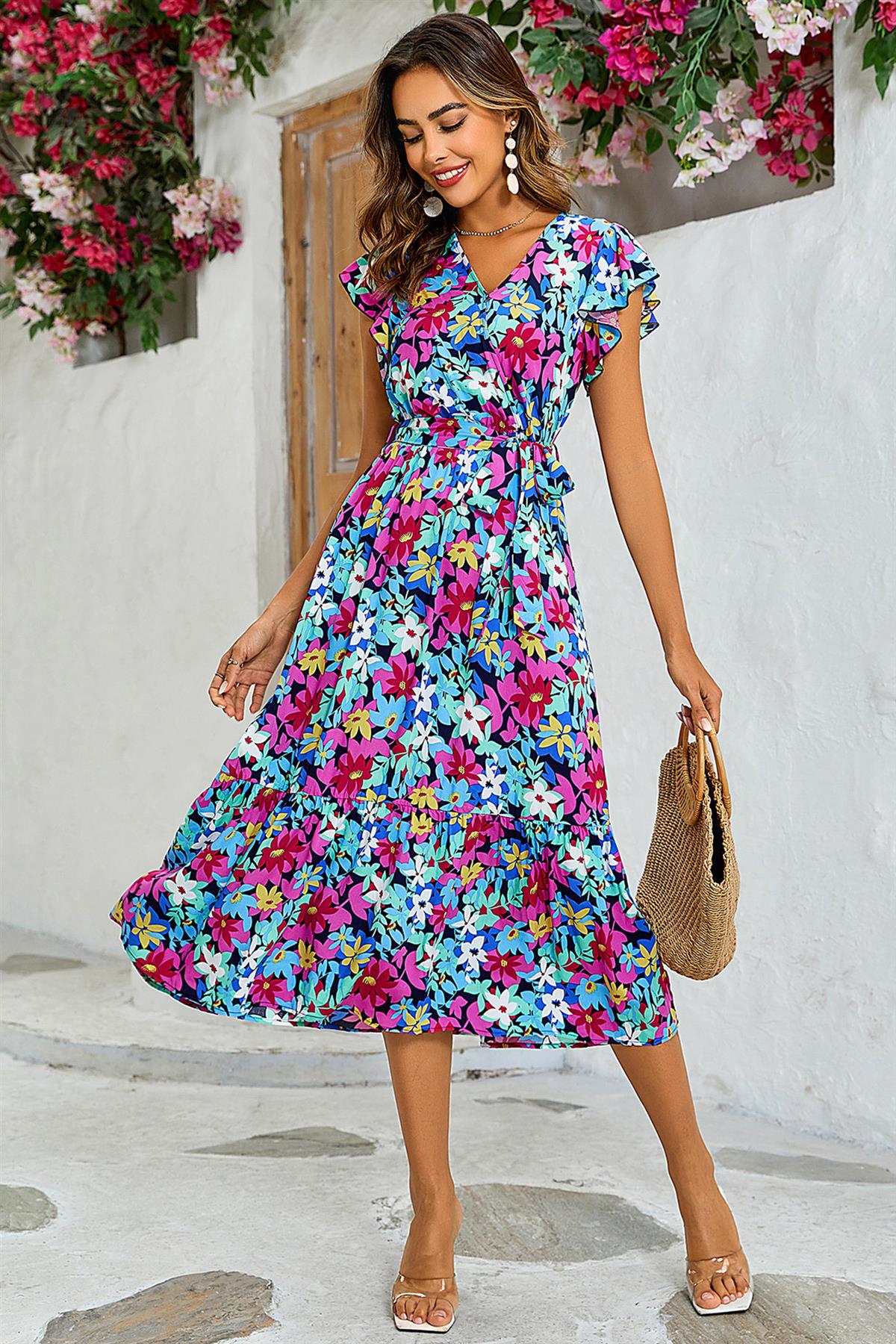 Multi Colour Floral Print Wrap Dress In Navy - AXON