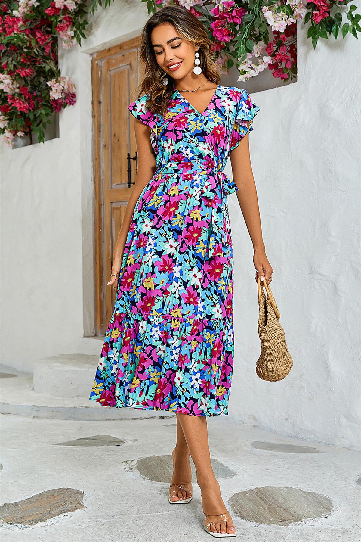 Multi Colour Floral Print Wrap Dress In Navy - AXON