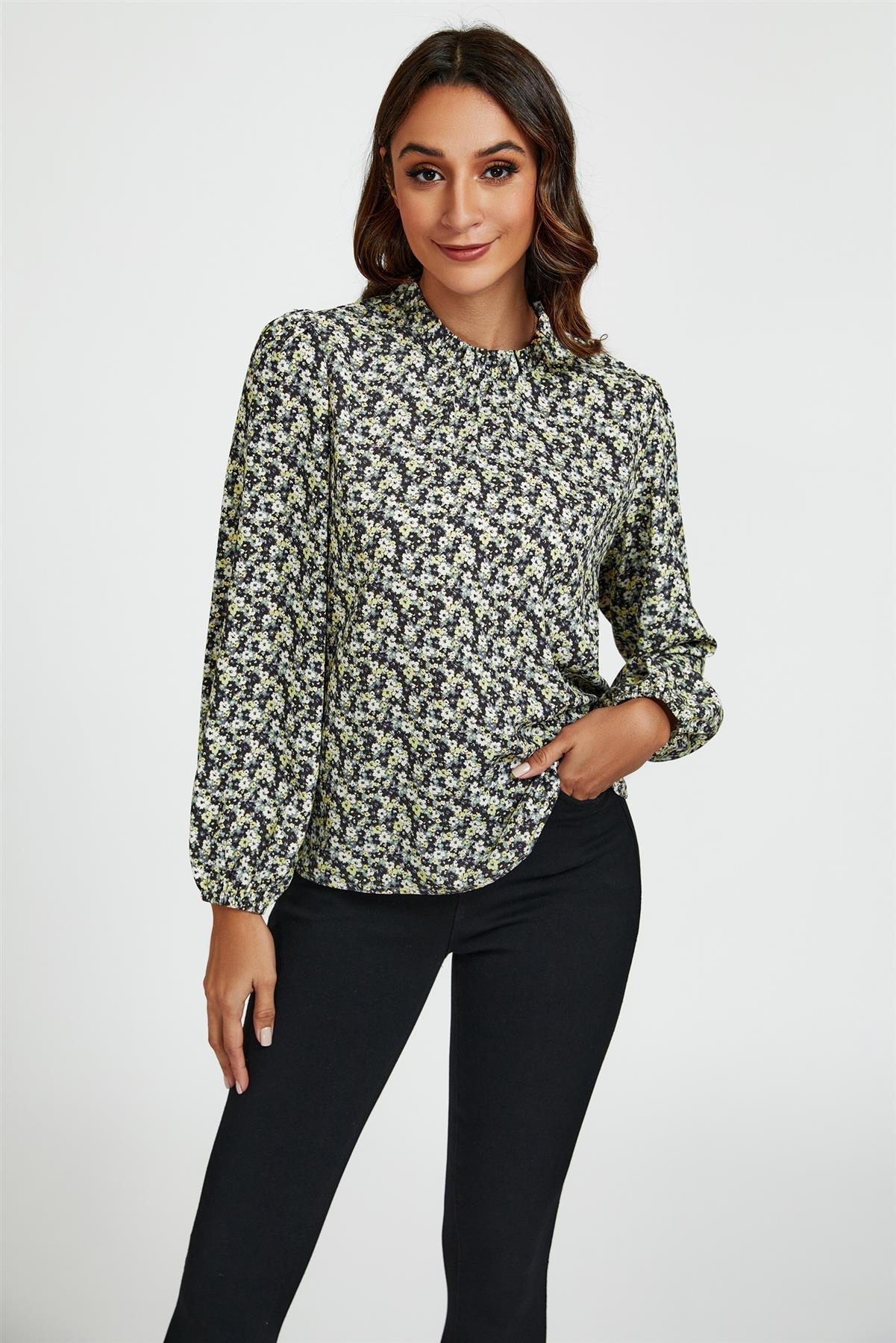 Multi Floral Print Frill Detail High Neck Top In Yellow - AXON
