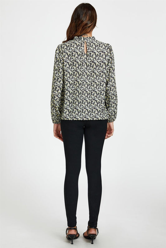Multi Floral Print Frill Detail High Neck Top In Yellow - AXON