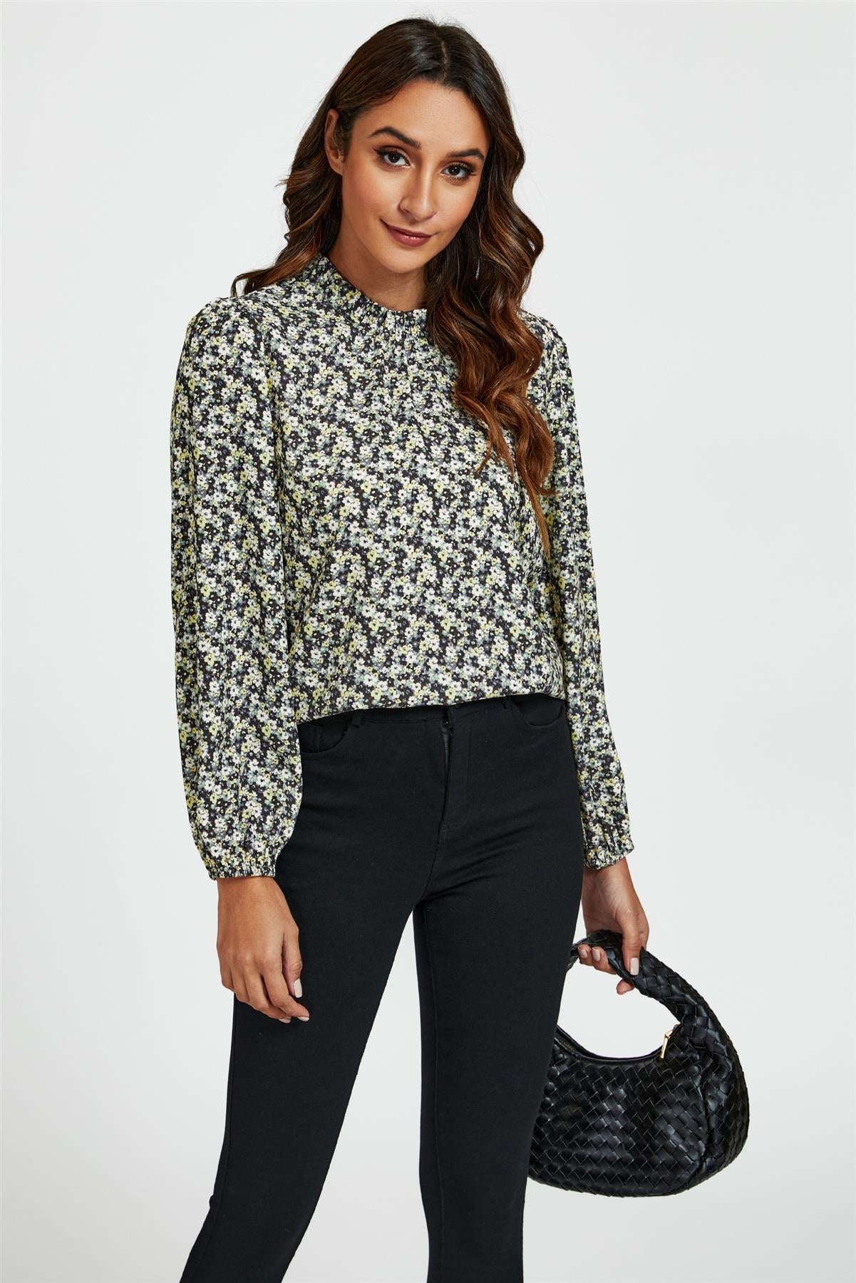 Multi Floral Print Frill Detail High Neck Top In Yellow - AXON