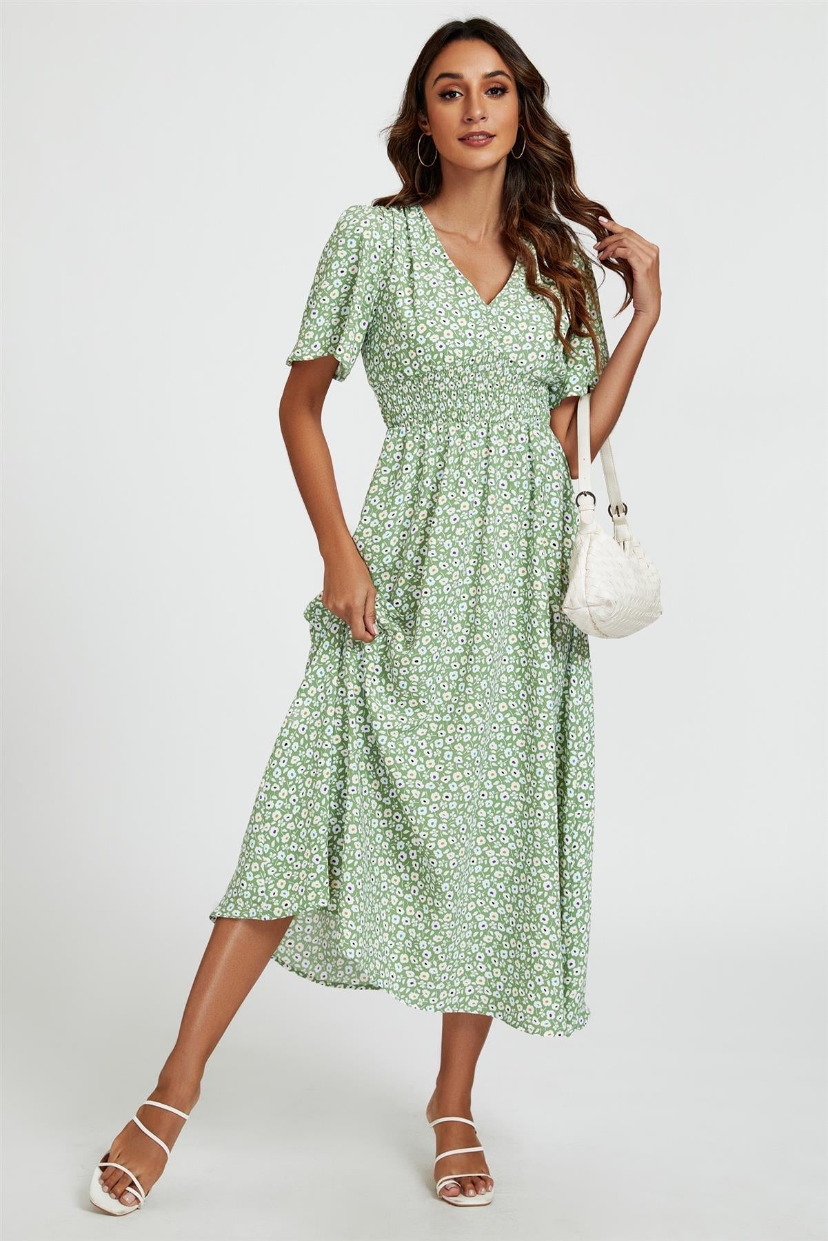 Multi Floral Print V Neck Midi Dress In Green - AXON