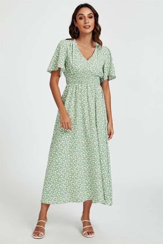Multi Floral Print V Neck Midi Dress In Green - AXON