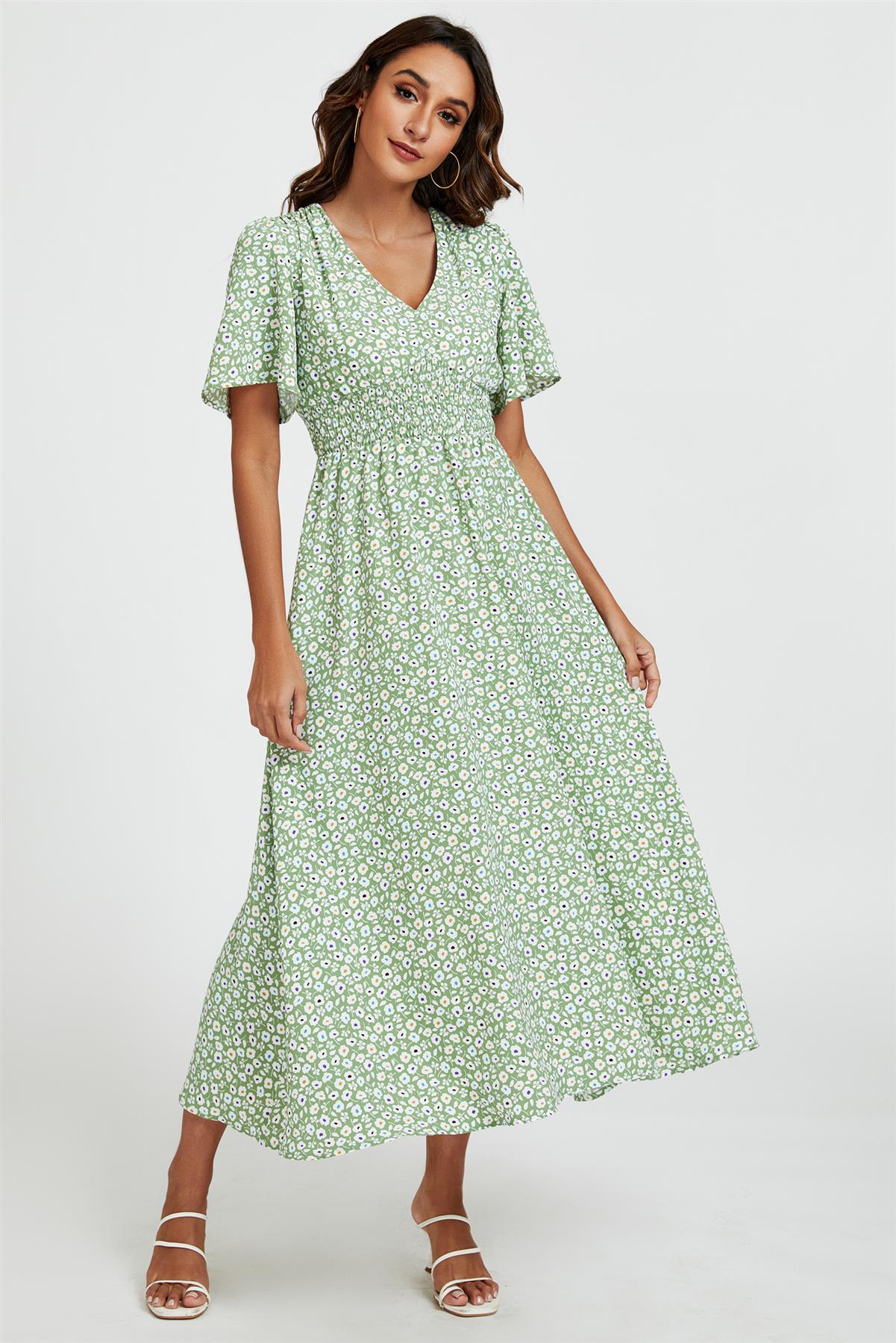 Multi Floral Print V Neck Midi Dress In Green - AXON