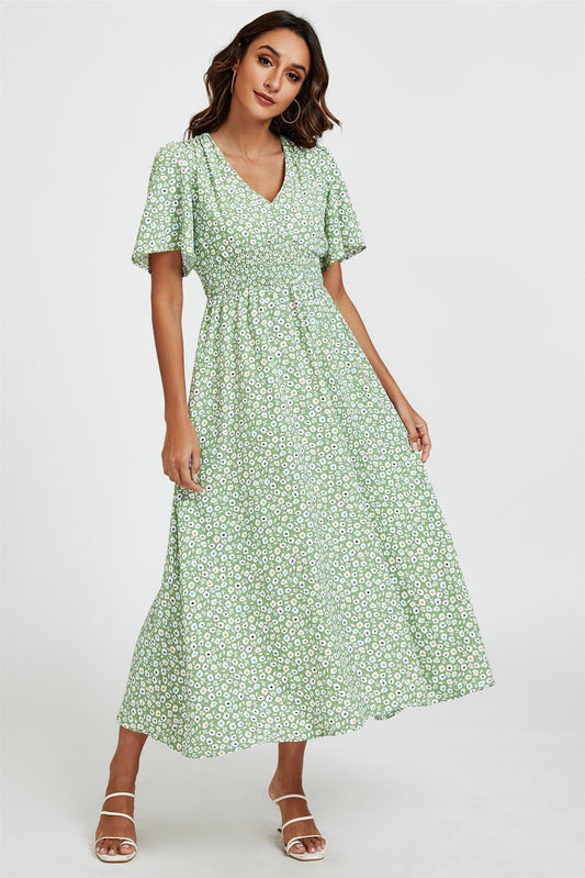 Multi Floral Print V Neck Midi Dress In Green - AXON