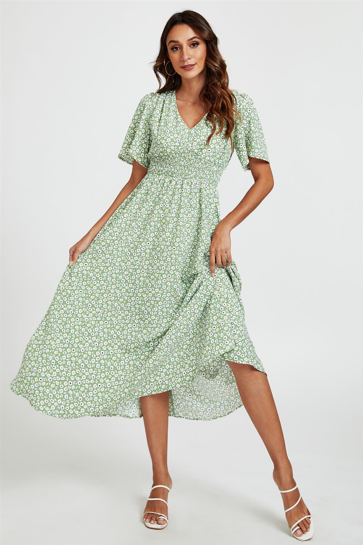 Multi Floral Print V Neck Midi Dress In Green - AXON