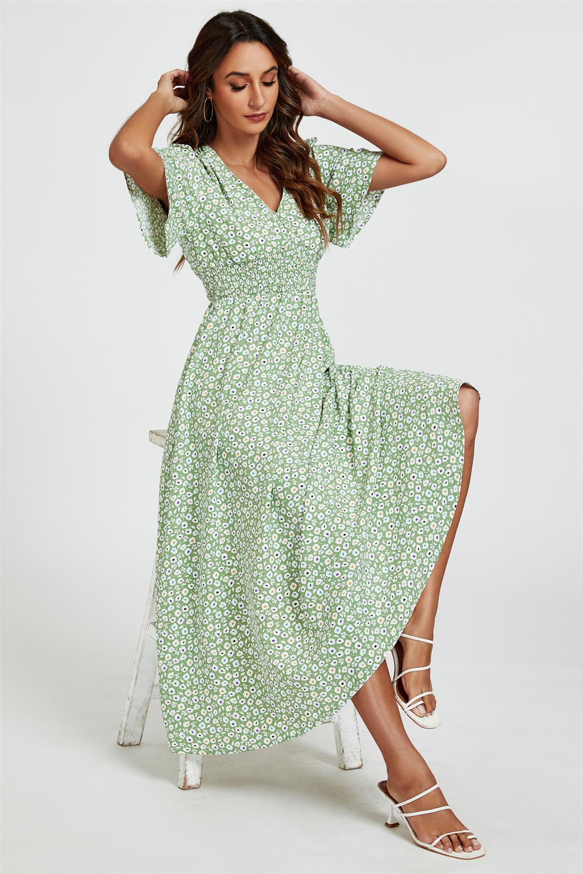 Multi Floral Print V Neck Midi Dress In Green - AXON