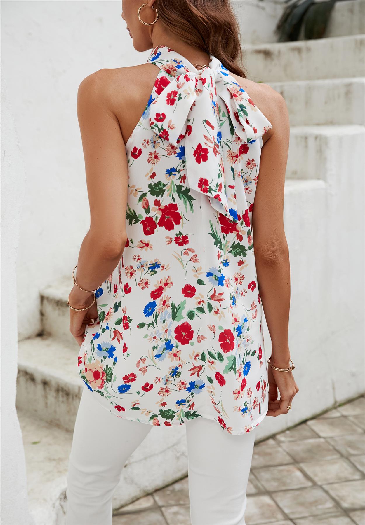 Multicolour Floral Print Halter Neck Tie Back Top In White - AXON