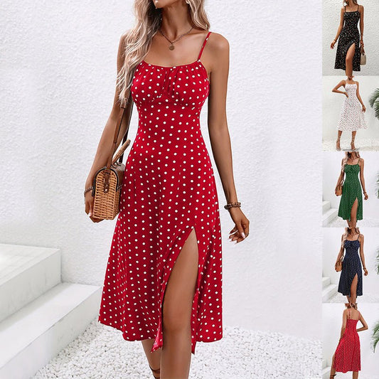 New Polka Dot Print Suspender Dress Summer Sexy Split long Dresses For Women´s Clothing - AXON