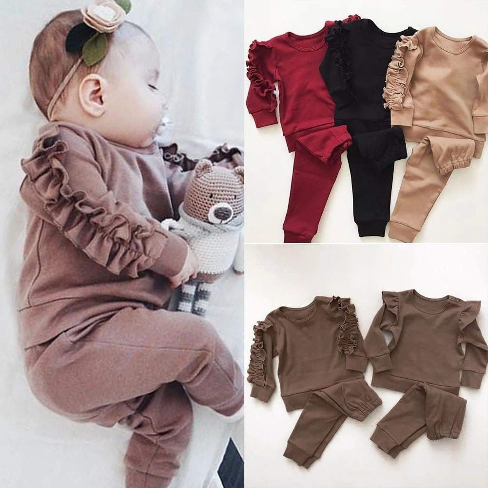 Newborn Baby Boys Girls Ruffles Jumper Solid Long Sleeve Sweatshirt Tops Pants Infant Kids 2Pcs Outfits Clothes Set Fall Clothes - AXON