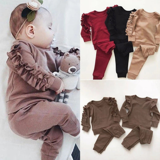 Newborn Baby Boys Girls Ruffles Jumper Solid Long Sleeve Sweatshirt Tops Pants Infant Kids 2Pcs Outfits Clothes Set Fall Clothes - AXON