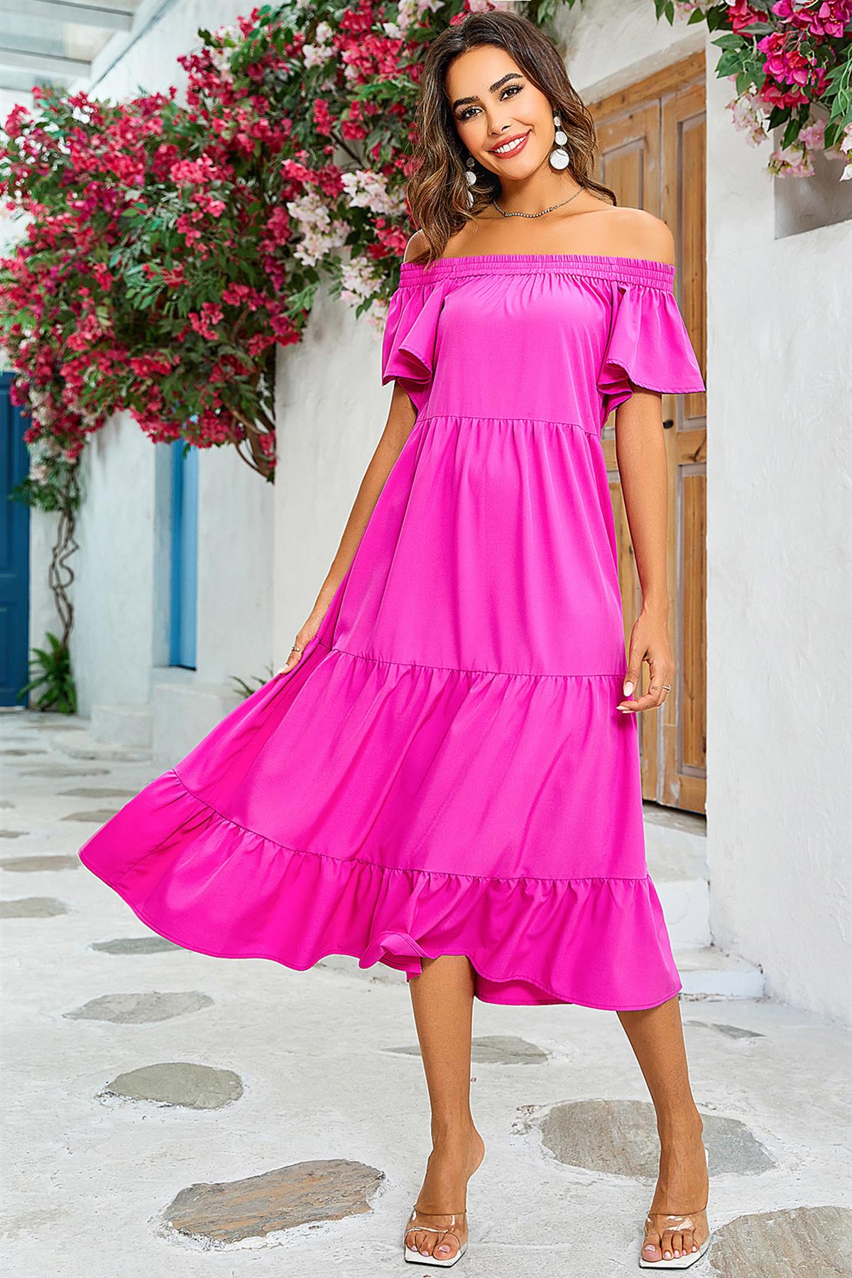 Off Shoulder Bardot Frill Midi Dress In Fuchsia Pink - AXON