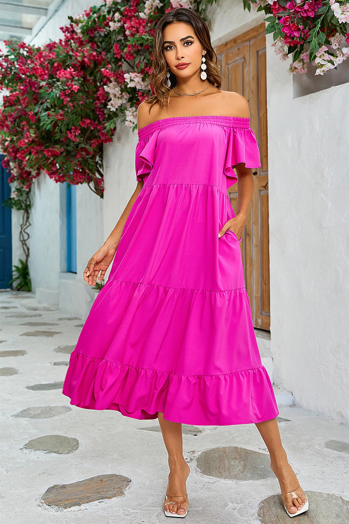 Off Shoulder Bardot Frill Midi Dress In Fuchsia Pink - AXON