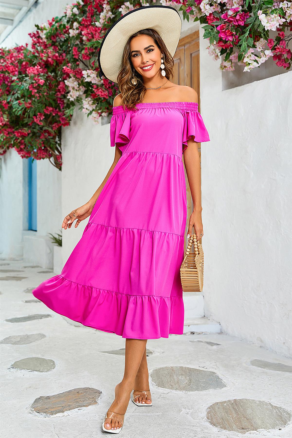Off Shoulder Bardot Frill Midi Dress In Fuchsia Pink - AXON