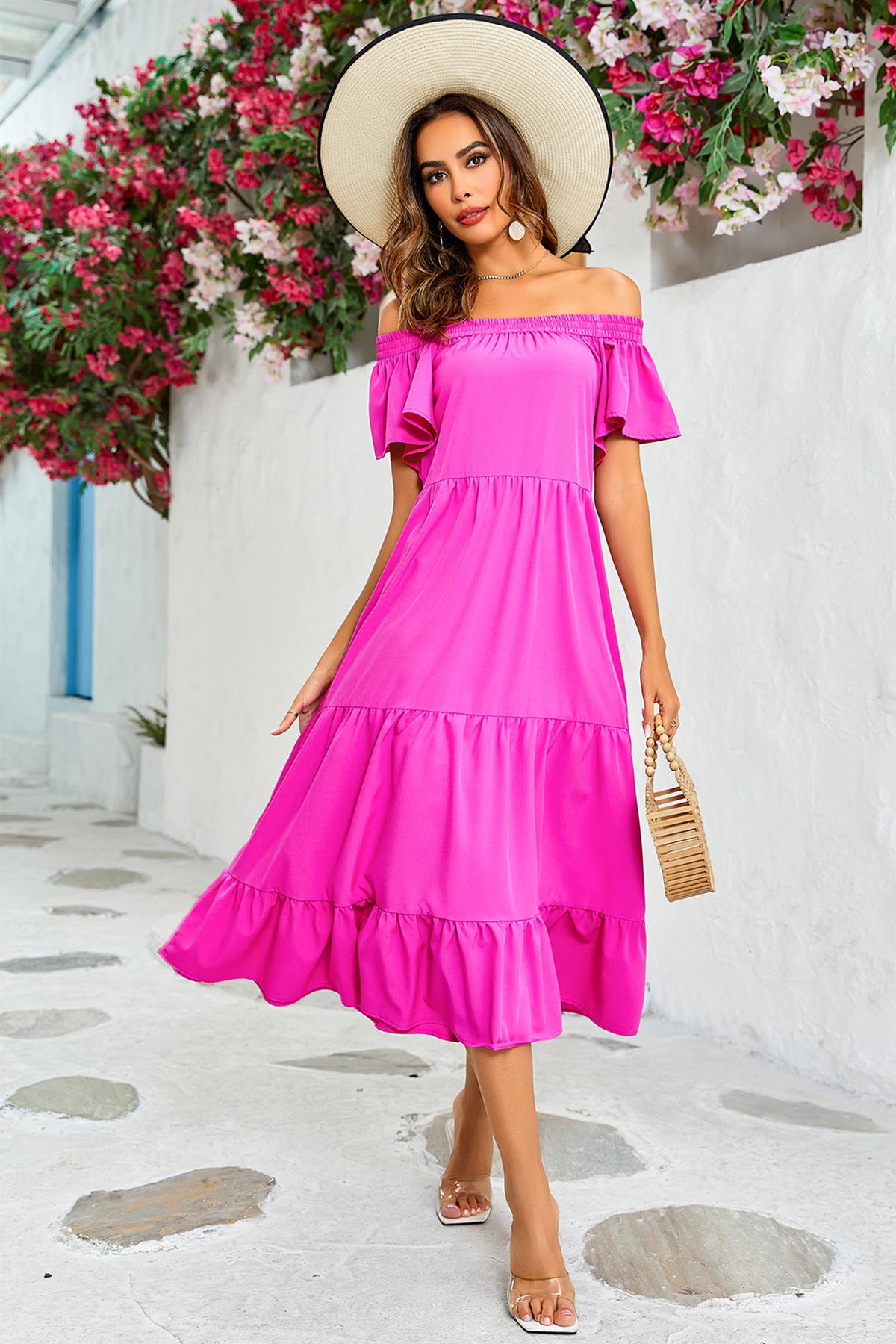 Off Shoulder Bardot Frill Midi Dress In Fuchsia Pink - AXON