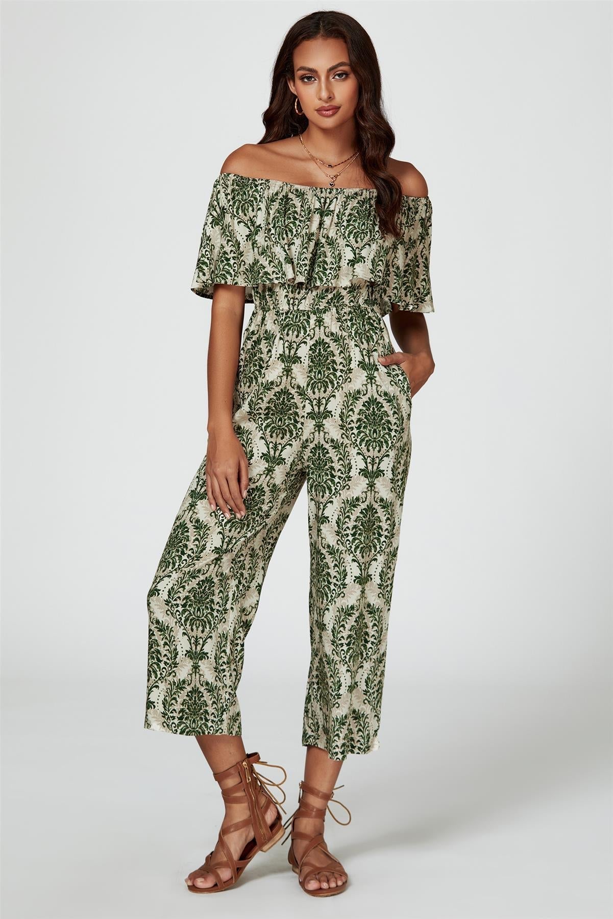 Off The Shoulder Print Frill Jumpsuit In Green - AXON