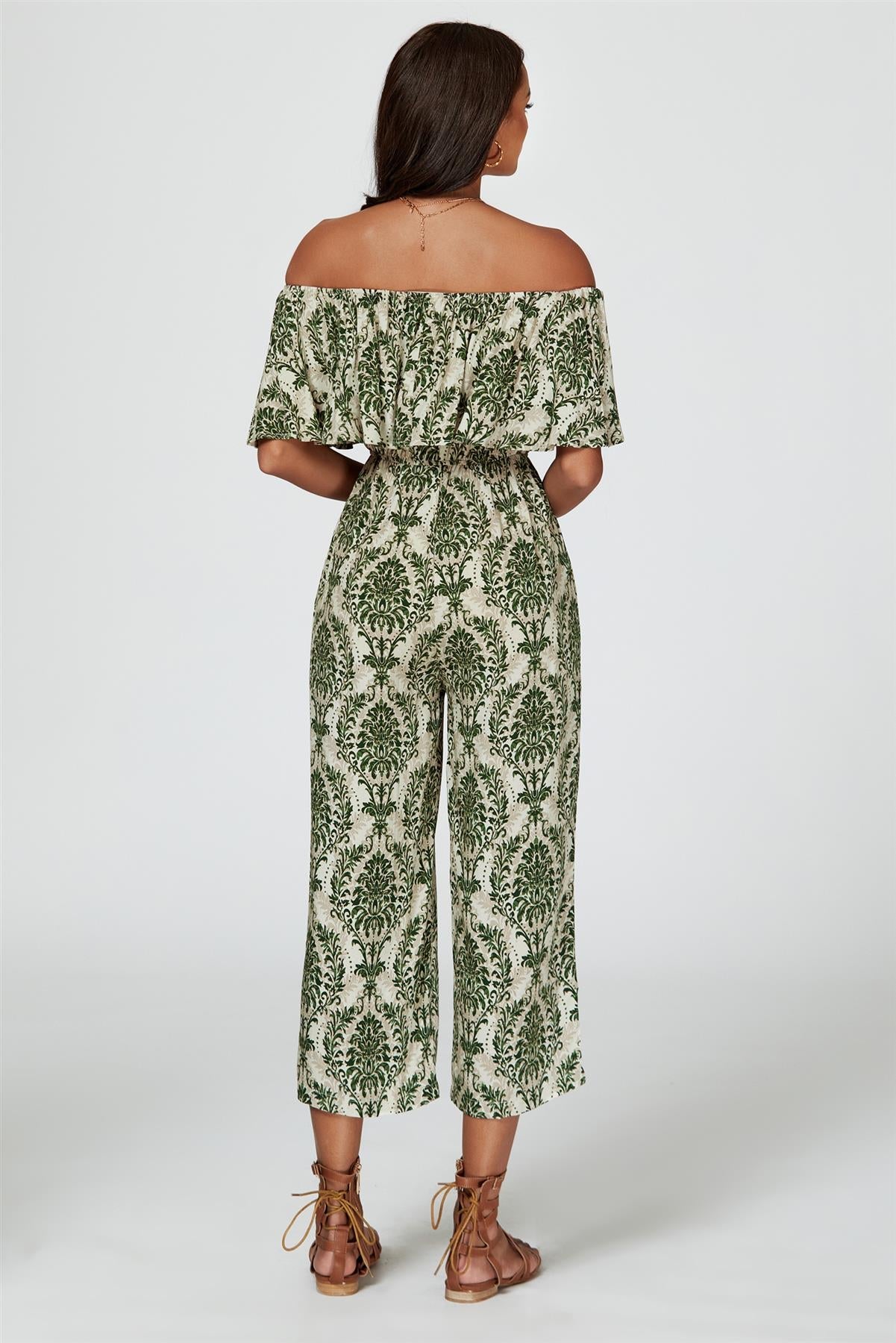 Off The Shoulder Print Frill Jumpsuit In Green - AXON