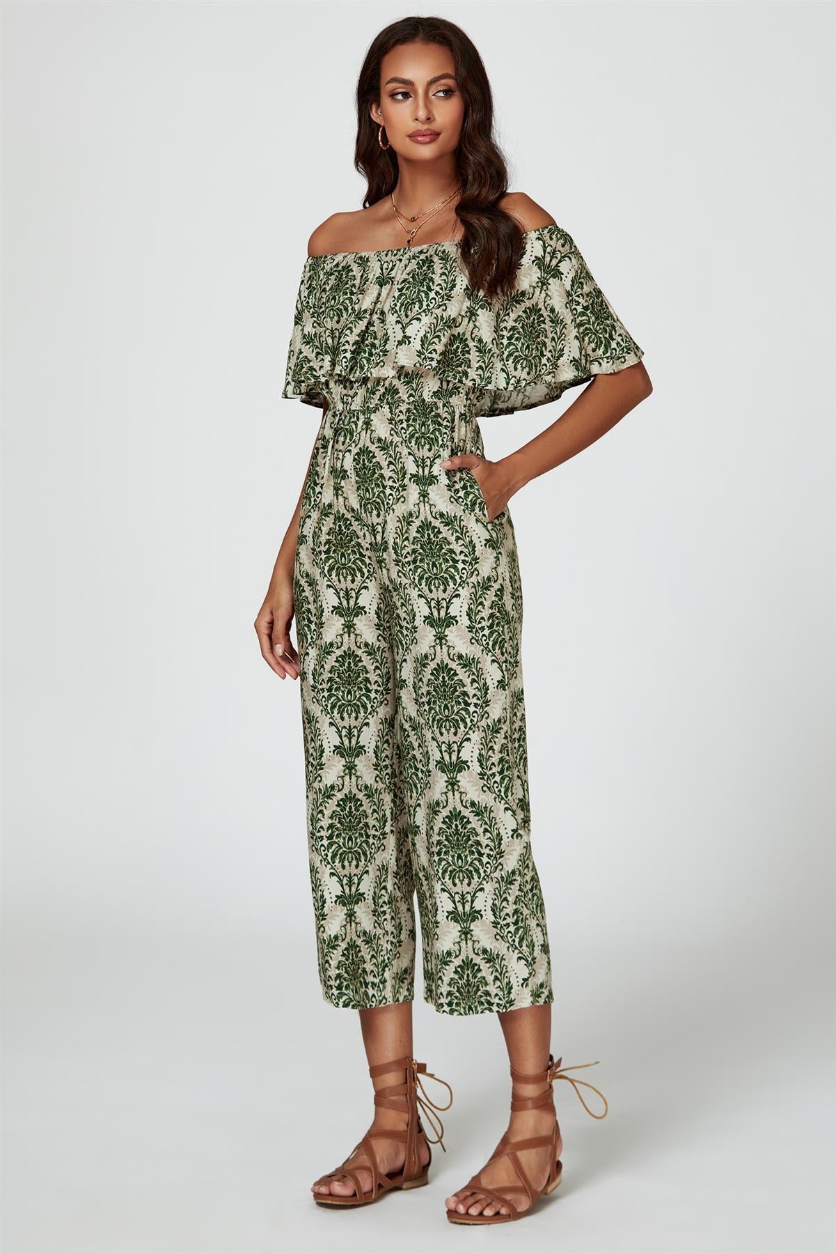 Off The Shoulder Print Frill Jumpsuit In Green - AXON