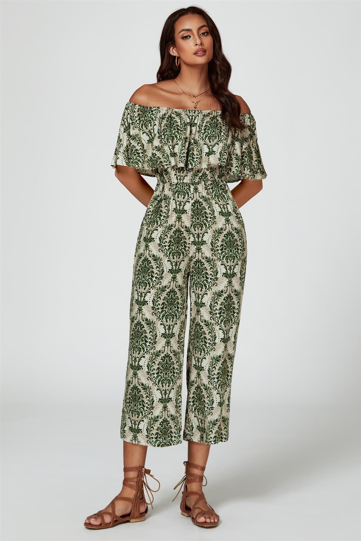 Off The Shoulder Print Frill Jumpsuit In Green - AXON