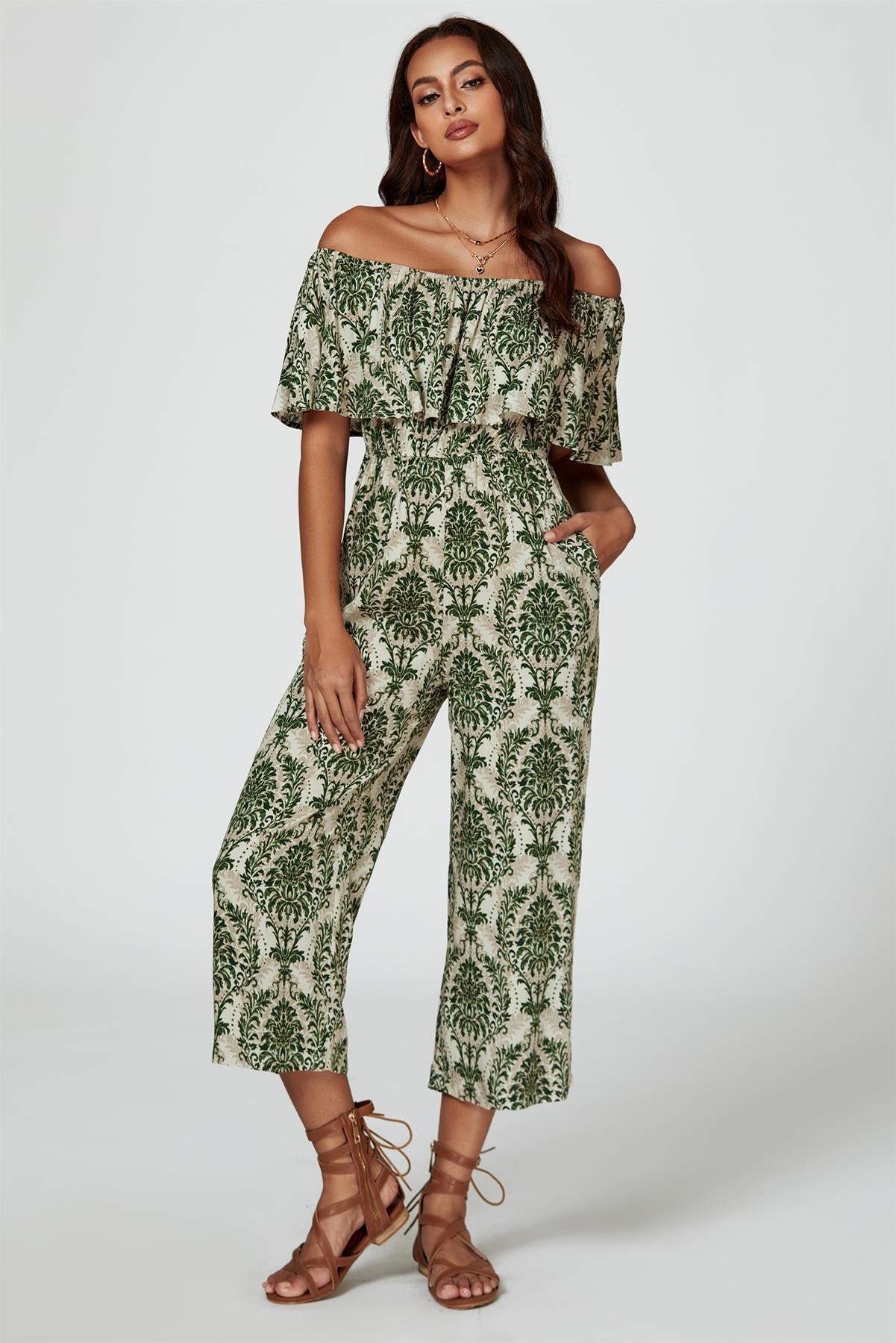 Off The Shoulder Print Frill Jumpsuit In Green - AXON
