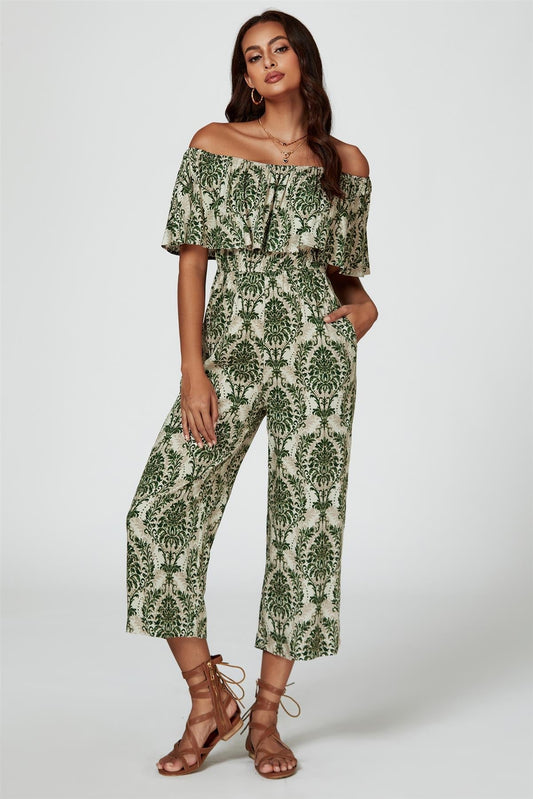 Off The Shoulder Print Frill Jumpsuit In Green - AXON
