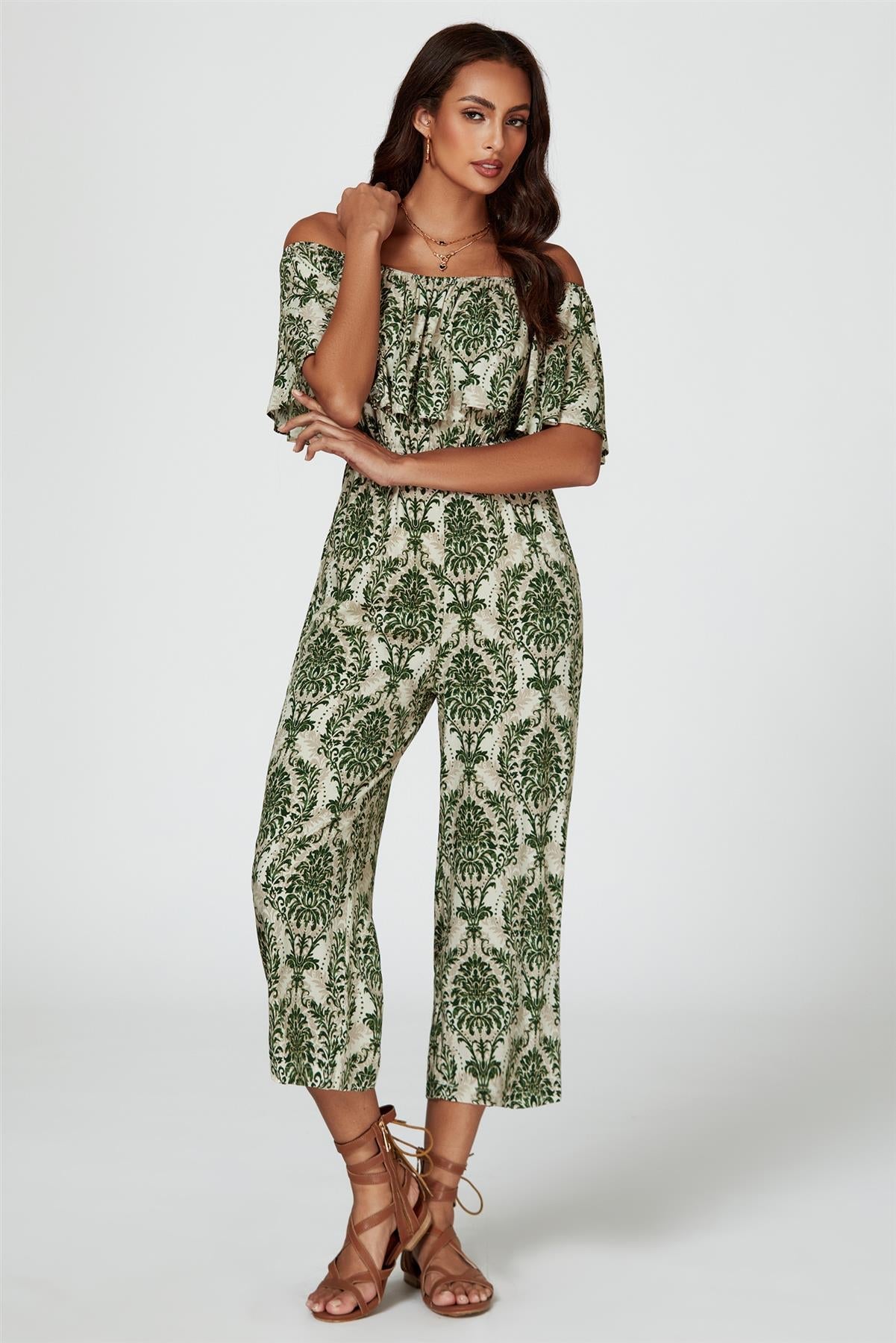 Off The Shoulder Print Frill Jumpsuit In Green - AXON