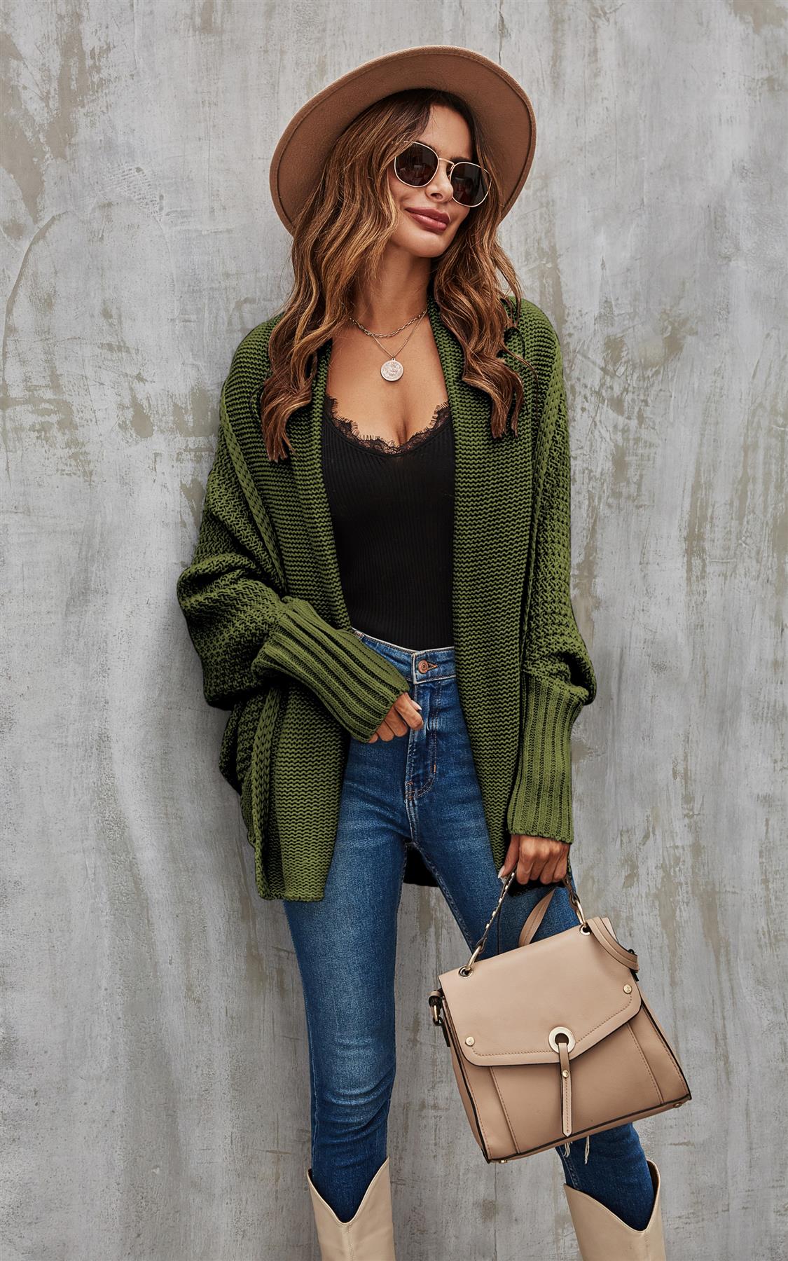 Olive Green Chunky Pleat Oversized Cardigan - AXON