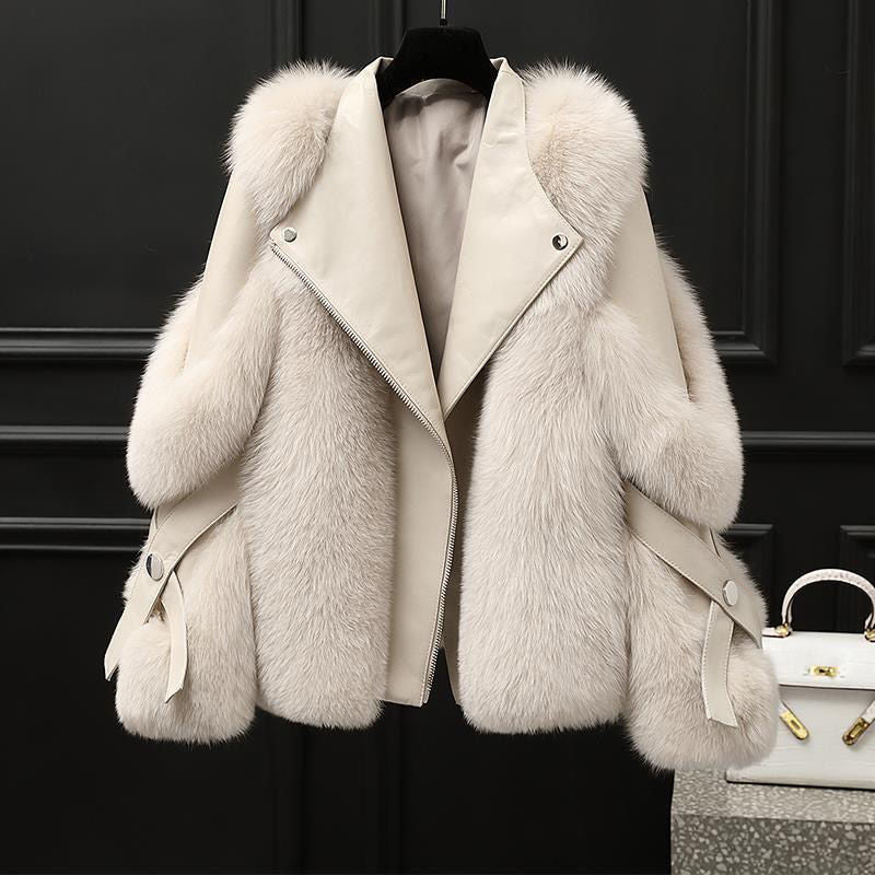 One - piece Fur Motorcycle Coat Long Wool Coat - AXON
