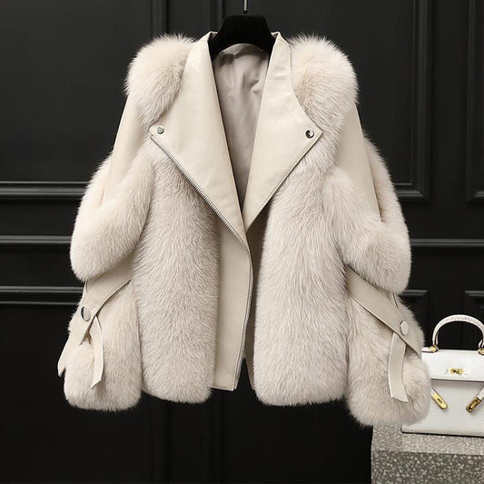 One - piece Fur Motorcycle Coat Long Wool Coat - AXON