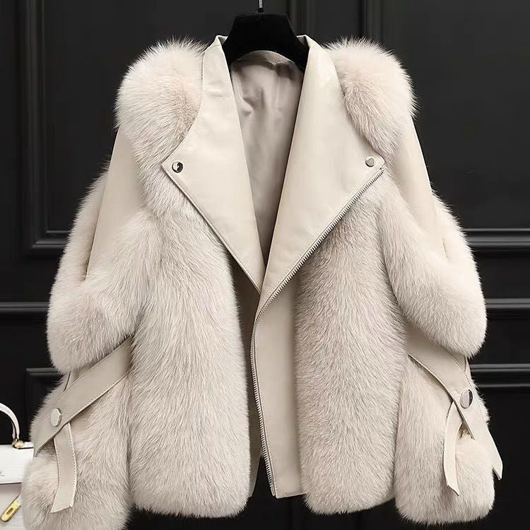One - piece Fur Motorcycle Coat Long Wool Coat - AXON