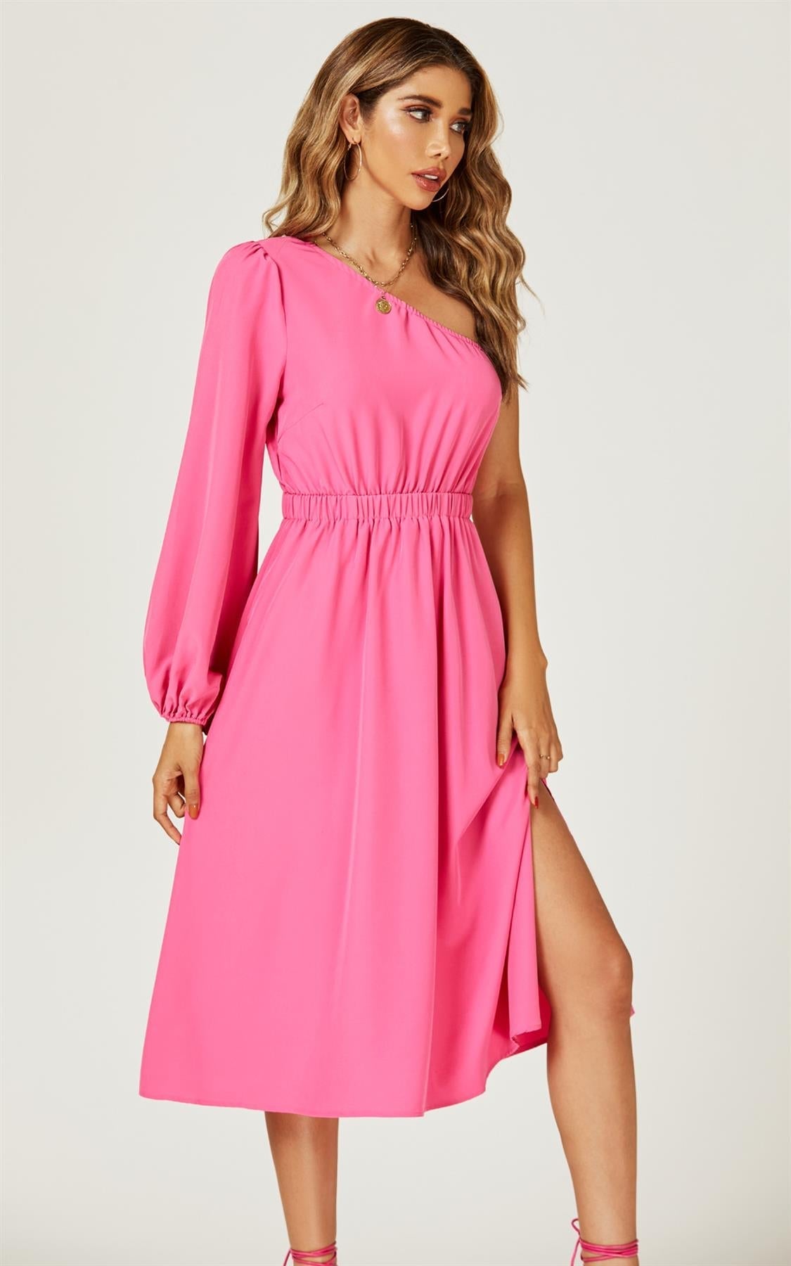 One Shoulder Split Leg Midi Dress In Fuchsia Print - AXON