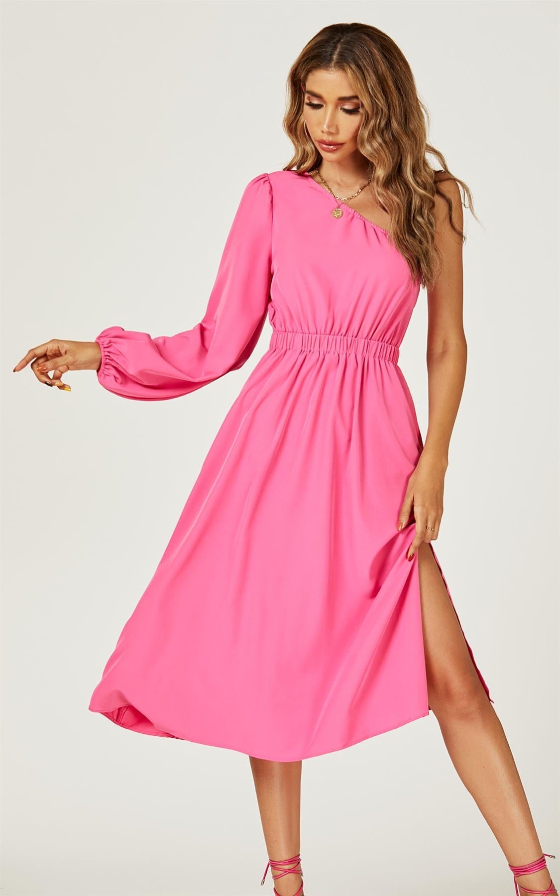 One Shoulder Split Leg Midi Dress In Fuchsia Print - AXON