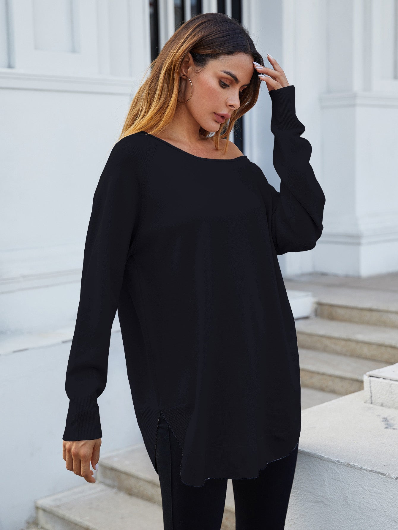 Oversize Knitted Jumper Top In Black - AXON