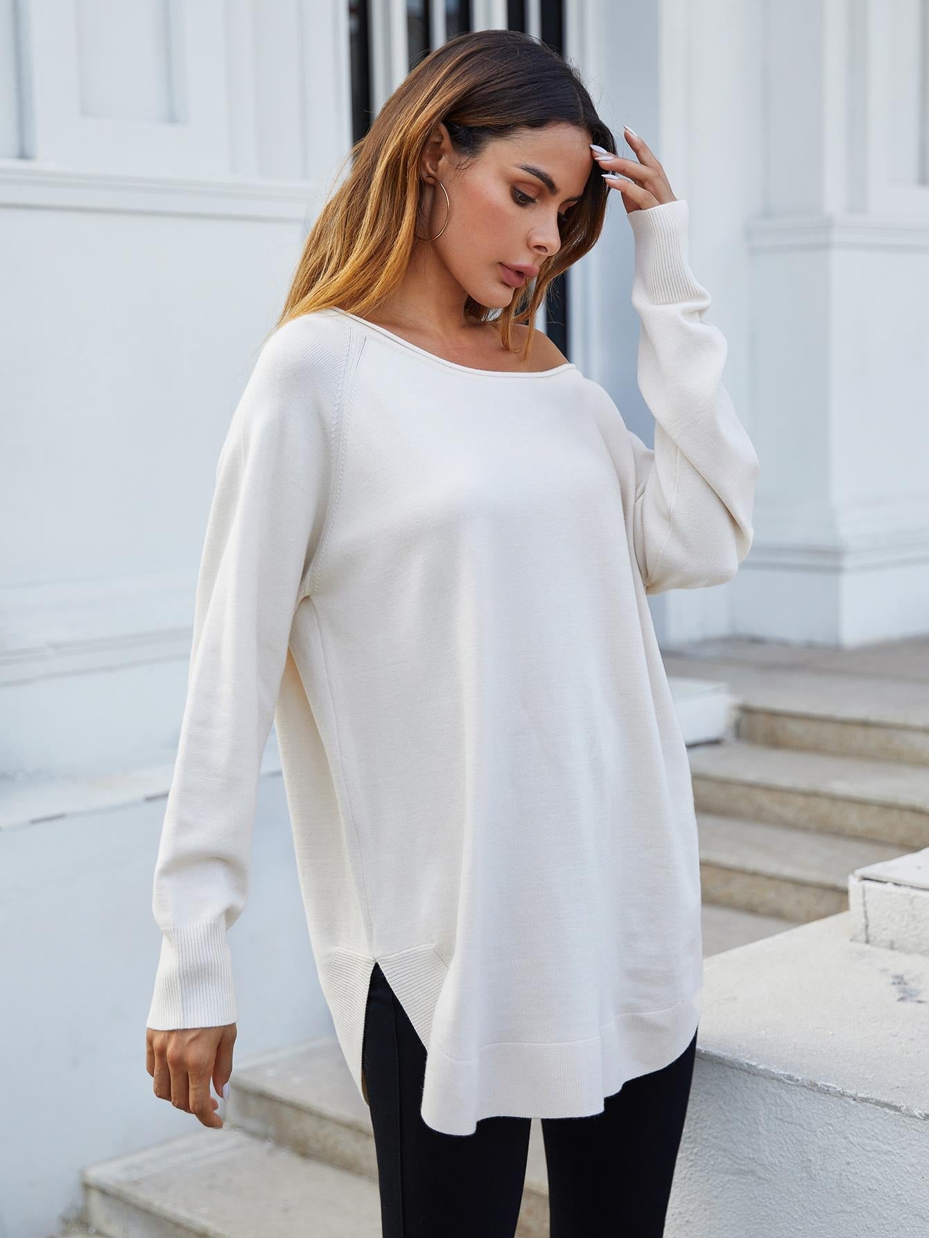 Oversize Knitted Jumper Top In Ecru - AXON